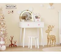 Coiffeuse pour enfants - Ensemble comprenant une table et une chaise - Miroir LED tactile en forme d'ours - Plastique - À monter - Blanc