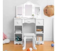 Coiffeuse pour enfants - Set de jeu coiffeuse - Miroir pliant en trois parties - Étagères ouvertes - Avec chaise - Bois - Blanc