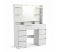 Coiffeuse Relaxdays miroir LED avec étagère 9 tiroirs H x L x P : 144 x 107 x 40 cm blanche