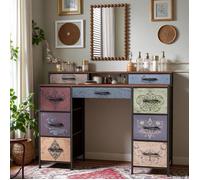 Coiffeuse - Rétro Bohème - 9 tiroirs - Plateau bois laqué - Structure métal noir, miroir et tabouret