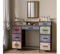 Coiffeuse rétro noire 121cm, Table de maquillage à tiroirs 9 tiroirs avec miroir, Meuble de rangement vintage en métal et bois
