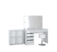 Coiffeuse Sherry, 120cm 4 pièces, avec étagère sur pied, miroir, tabouret, LED, Blanc, Vicco 41628
