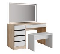 Coiffeuse Sherry, 120cm avec miroir LED et tabouret, Blanc/Sonoma, Vicco 36906