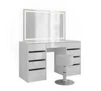 Coiffeuse Sherry, 128.2cm avec miroir LED et tabouret, Blanc/Blanc Haute brillance, Vicco 57636