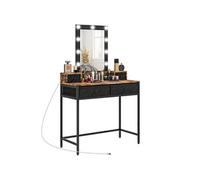 HOMCOM Coiffeuse Table de Maquillage Style Industriel - Miroir LED réglable intégré - Pied en métal Noir - 4 tiroirs en Tissu - dim. 90L x 40l x 148H cm Aspect Bois foncé