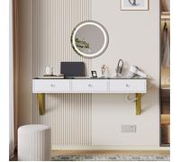 Coiffeuse suspendue, avec 3 tiroirs, Plateau En Verre,Support de tablette et porte-gobelet - blanc 120×40×45 cm - (Sans Miroir LED)