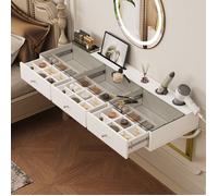 Coiffeuse Suspendue, avec 3 Tiroirs, Plateau en Verre, Support de Tablette et Porte-Gobelet, Blanc, 120×40×45cm, (Sans Miroir LED)