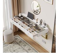 Coiffeuse suspendue avec 3 tiroirs, plateau en verre, support tablette et porte-gobelet pour chambre MDF blanc - UVRION