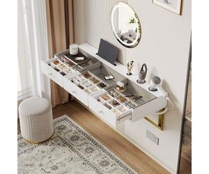 Coiffeuse suspendue blanche avec 3 tiroirs, plateau en verre, support tablette et porte-gobelet, 120 x 40 x 45 cm, sans miroir LED