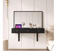 Coiffeuse suspendue noir, miroir, 3 tiroirs, prises électriques, emplacement tablette, porte-boissons