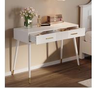 Coiffeuse Table de Maquillage 100x40x76cm - Bureau avec 2 Tiroirs Poignées et Pieds Dorés Console Moderne - Blanc et Or