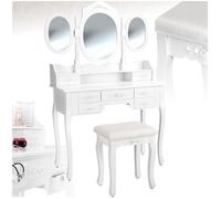 Coiffeuse - TECTAKE - Table de maquillage avec miroir 3 faces rabattables, 7 tiroirs et un tabouret - Blanc