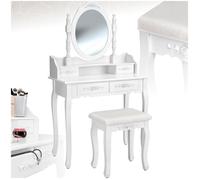 Coiffeuse - TECTAKE - Meuble coiffeuse vintage pour maquillage avec miroir, 4 tiroirs fleuris et tabouret, 75 x 40 x 143 cm - Blanc