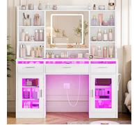 Coiffeuse - TEENFON - Miroir LED 3 couleurs réglables - Plateau en verre - 3 tiroirs & 2 placards