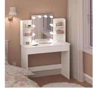 Coiffeuse WOLTU avec Prises de Courant - Table de Maquillage - Miroir LED - 2 Tiroirs et 4 Étagères - Blanc