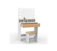 IDMarket Coiffeuse ZELIA blanc et hêtre – miroir LED, 4 niches, 1 tiroir et tabouret