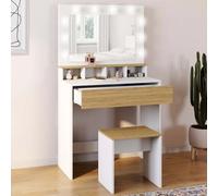 Coiffeuse ZELIA blanc et hêtre miroir LED avec 4 niches, 1 tiroir et tabouret