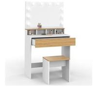 IDMarket Coiffeuse ZELIA blanc et hêtre – miroir LED, 4 niches, 1 tiroir et tabouret
