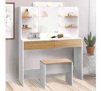 Coiffeuse zelia blanc et hêtre table de maquillage 4 étagères, miroir led et tabouret
