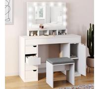 Coiffeuse ZELIA blanche miroir LED avec 4 niches, 5 tiroirs, 1 caisson de rangement et tabouret rembourré