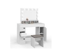 Coiffeuse ZELIA blanche miroir LED avec 4 niches, 5 tiroirs, 1 caisson de rangement et tabouret rembourré