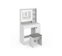 IDMarket – Coiffeuse ZELIA blanche miroir LED 1 tiroir, 1 caisson de rangement et tabouret rembourré