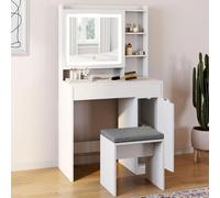 Coiffeuse zelia blanche miroir led avec rangement, 1 tiroir, 1 caisson de rangement et tabouret rembourré