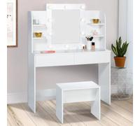 IDMarket Coiffeuse Zelia blanche – table de maquillage 4 étagères, miroir LED et tabouret