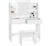 IDMarket Coiffeuse Zelia blanche – table de maquillage 4 étagères, miroir LED et tabouret