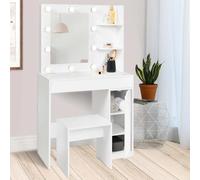 Coiffeuse zelia miroir led avec 1 tiroir, étagères, caisson de rangement et tabouret Blanc