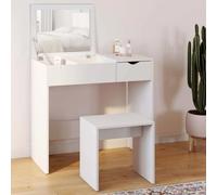 Coiffeuse zelia miroir rabattable avec 1 tiroir et 1 tabouret Blanc