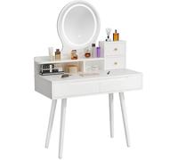 Coiffeuse ZenkiHome blanche, avec miroir rond et éclairage, mesurant 80 cm, Modèle D68.