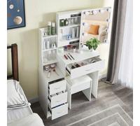 Coiffeuses et bancs de coiffeuse Coiffeuse avec miroir coulissant à LED, étagère, tabouret, ensemble de maquillage fonctionnalité-Haute qualité et tout neuf-Parfait pour chaque chambre-Fabriqué en pan