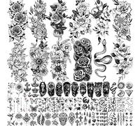 COKTAK 59 Feuilles Sexy 3D Rose Fleur Tatouage Ephemere Femme Filles Bras Cou, Serpent Floral Tournesol Pivoine Faux Autocollant Tatouage Temporaire Adulte, Noir Réaliste Tatouages Pissenlit Papillon