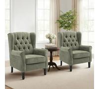 COLAMY Fauteuil Vintage Mi-Siècle Lot de 2, Fauteuil à Oreilles Rembourré avec Capitonnage Boutonné, Housse en Tissu et Pieds en Bois Massif pour Salon, Bureau, Café - Vert
