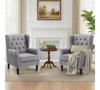 COLAMY Fauteuil Vintage Mi-Siècle Lot de 2, Fauteuil à Oreilles Rembourré avec Capitonnage Boutonné, Housse en Tissu et Pieds en Bois Massif pour Salon, Bureau, Café - Gris Clair