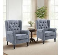 COLAMY Fauteuil Vintage Mi-Siècle Lot de 2, Fauteuil à Oreilles Rembourré avec Capitonnage Boutonné, Housse en Tissu et Pieds en Bois Massif pour Salon, Bureau, Café - Bleu