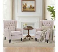 COLAMY Fauteuil Vintage Mi-Siècle Lot de 2, Fauteuil à Oreilles Rembourré avec Capitonnage Boutonné, Housse en Tissu et Pieds en Bois Massif pour Salon, Bureau, Café - Beige