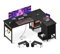Coleshome Bureau d'Angle avec 4 Tiroirs, 135x100cm Bureau en L Réversible avec Prises/USB pour Domicile, Noir