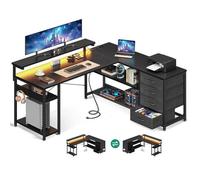 Coleshome Bureau d'Angle Réversible avec Tiroirs, 135x110cm, Prises/USB/LED, Bureau en L avec Rangement pour Domicile, Noir