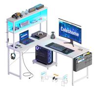 Coleshome Bureau Gaming Angle avec LED et Prises, 110 × 80 cm Bureau Gaming Réversible avec Étagères, Table en L avec Sac de Rangement et Crochet pour Le Travail à Domicile et Gaming, Blanc
