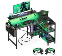 Coleshome Bureau Gaming LED, 100x70cm Bureau d'angle avec Étagères Réversible, Table Imformatique en L, Carbone Noir