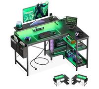 Coleshome Bureau Gaming LED, 100x70cm Bureau d'angle avec Étagères Réversible, Table Imformatique en L avec 2 Chargeur USB & 2 Prises Table Gaming avec Support d'écran pour Domicile, Carbone Noir