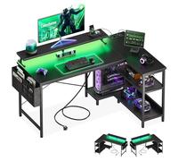 Coleshome Bureau Gaming LED, 120x80cm Bureau d'angle avec Étagères Réversible, Table Imformatique en L avec 2 Chargeur USB & 2 Prises Table Gaming avec Support d'écran pour Domicile, Noir