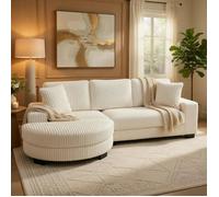 CollaHausse Canapé d'Angle L 4 Places Beige, Velours Côtelé avec Pouf Ovale et Coussins