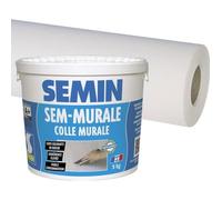 Colle pour toiles de verre et revêtements muraux légers en pâte Semin - seau 10 kg et toile de verre - motif maille - 25 m x 1 m