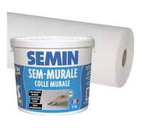 Colle pour toiles de verre et revêtements muraux légers en pâte Semin - seau 10 kg et toile de verre - motif maille - 50 m x 1 m