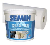 Colle pour toiles de verre et revêtements muraux légers en pâte Semin - seau 5 kg et toile de verre - motif maille - 50 m x 1 m