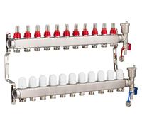 Collecteur plancher chauffant en inox 11 circuits avec débitmètres, Entraxe 50 mm, Alimentations femelle 1" (26x34), Sorties mâle 3/4 (20x27) Eurocône, Acier inoxydable, NOYON & THIEBAULT