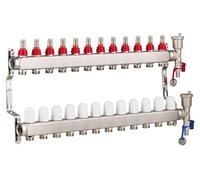 Collecteur plancher chauffant en inox 12 circuits avec débitmètres - Entraxe 50 mm - Alimentations femelle 1" (26x34) - Sorties mâle 3/4 (20x27) Eurocône - Acier inoxydable - NOYON & THIEBAULT